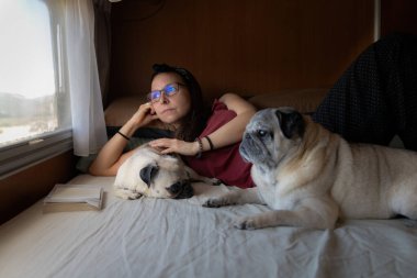 A woman lying on the bed of a camper van with her two pugs, all gazing out the window, enjoying a peaceful travel moment. clipart