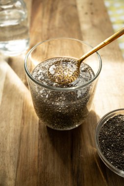 Altın kaşıkla bir bardak suyun içindeki chia tohumlarını gösteren sıcak ve doğal bir sahne. Tohumlar jel benzeri mukilajlarını yayarak besin açısından zengin bir süper yiyeceğe dönüşümlerini vurguluyor..