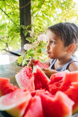 Neşeli bir çocuk, yemyeşil bitkilerle çevrili bir bahçe masasında otururken sulu kırmızı bir karpuzun büyük bir ısırığını alır..