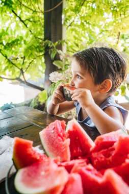 Neşeli bir çocuk, yemyeşil bitkilerle çevrili bir bahçe masasında otururken sulu kırmızı bir karpuzun büyük bir ısırığını alır..
