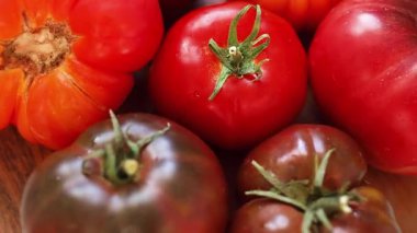Değişik şekillerde, renklerde ve boyutlarda domatesler içeren canlı bir video..