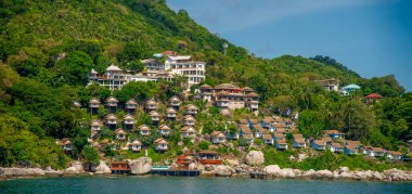 Bungalovlar, Ko Tao Tayland sahilindeki feribottan çekildi. Palmiye ağaçları ve kayaların arasına gizlendi ve okyanusa doğru adımlarla ilerledi..