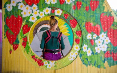 Penang, Malezya - 20 Şubat 2023 - Georgetown şehir merkezinde parlak renkli mimari unsurlar