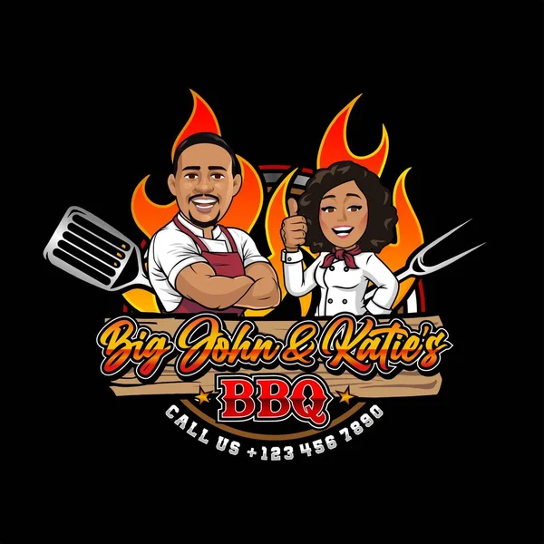 Barbekü, barbekü logosu veya etiket. Şef ya da ızgara aletli mutlu aşçı spatula ve çatalla. Çizgi film vektör illüstrasyonu