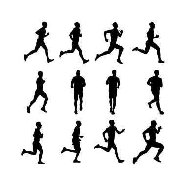 Koşun! Çalışan adamlar izole edilmiş siluet vektör kümesi