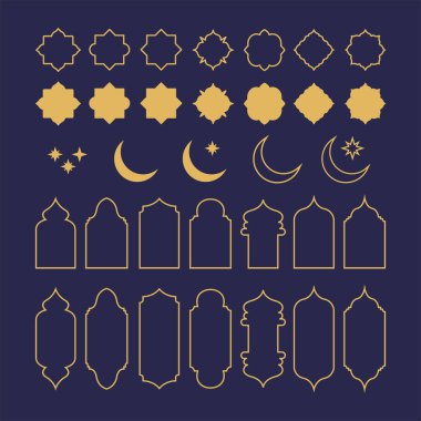 İslam camiinin camları ve kemerler vektör illüstrasyon seti. Düz çerçeve ile bir gölge ile soyut izole
