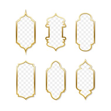Arap tarzında gerçekçi altın çerçeveler. Geleneksel İslami 3D şekli. Şeffaf arkaplana sahip Ramazan kareem çerçeveleri
