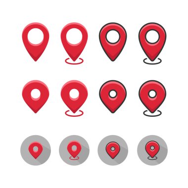 Yer belirleyici simgeleri. Düz, kırmızı, konum belirleyiciler. Vektör simgeleri
