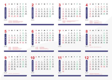 Calendar layout design 2025 with Indonesia National Holidays and Hijriyah 1447 clipart