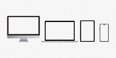 Saydam bir arkaplanda gerçekçi monitör, dizüstü bilgisayar, tablet, telefon seti
