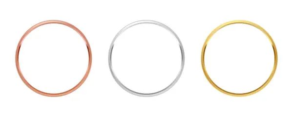 3D gerçekçi boş bronz, gümüş ve altın yüzükler. Birinci, ikinci ve üçüncü sıra boş yüzükler.