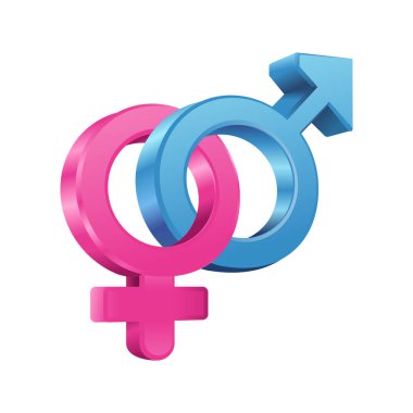 Üç boyutlu gerçekçi erkek ve kadın cinsiyet sembolleri. Mavi ve pembe renkli cinsiyet sembolü