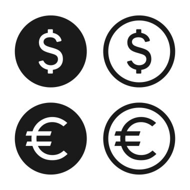 Dolar ve Avrupa sembolleri seti. İnternet parası, para birimi, kazanç, banka, cüzdan, ödeme, para