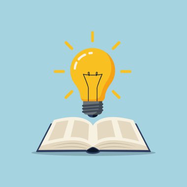 Üstünde ampul olan bir kitap. Eğitim konsepti vektör illüstrasyonu