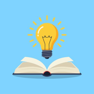 Üstünde ampul olan bir kitap. Eğitim konsepti vektör illüstrasyonu