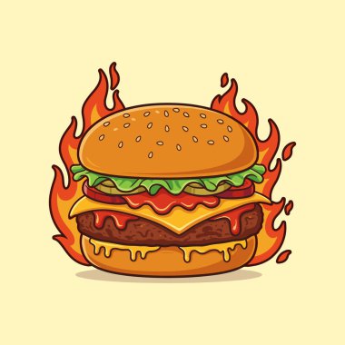 Ateş alevi illüstrasyon vektörlü hamburger. Çizgi film lezzetli büyük hamburger peynirli ve susamlı..