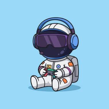 Sevimli Astronot Oyun Oynatan Oyun Kılavuzu Vektör Simgesi İllüstrasyonu.
