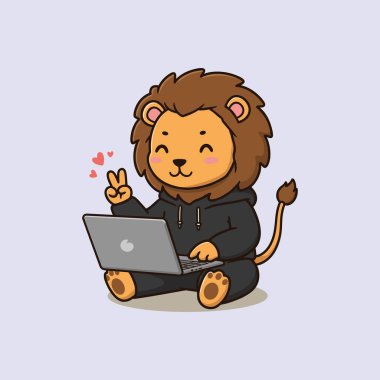 Dizüstü bilgisayarda çalışan şirin aslanın tasviri Çizgi film Vektörü