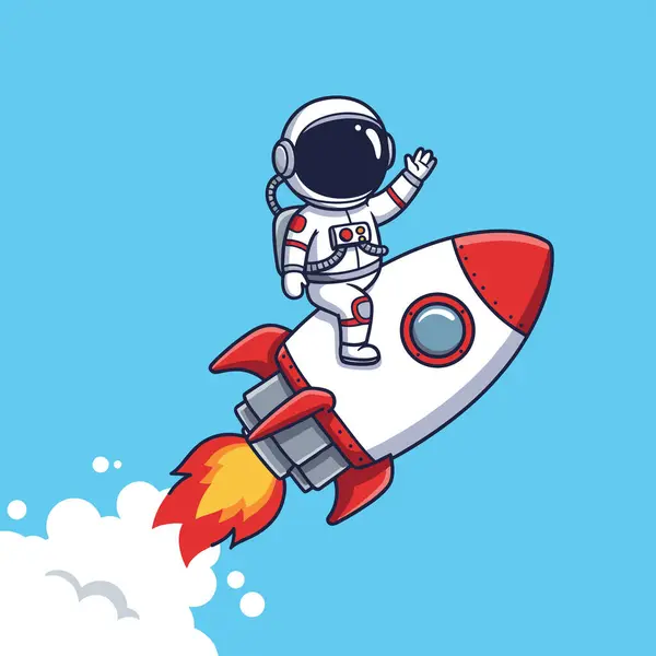Sevimli Astronot Rokete Barış İşaretli El Çizgi Roman Vektörü
