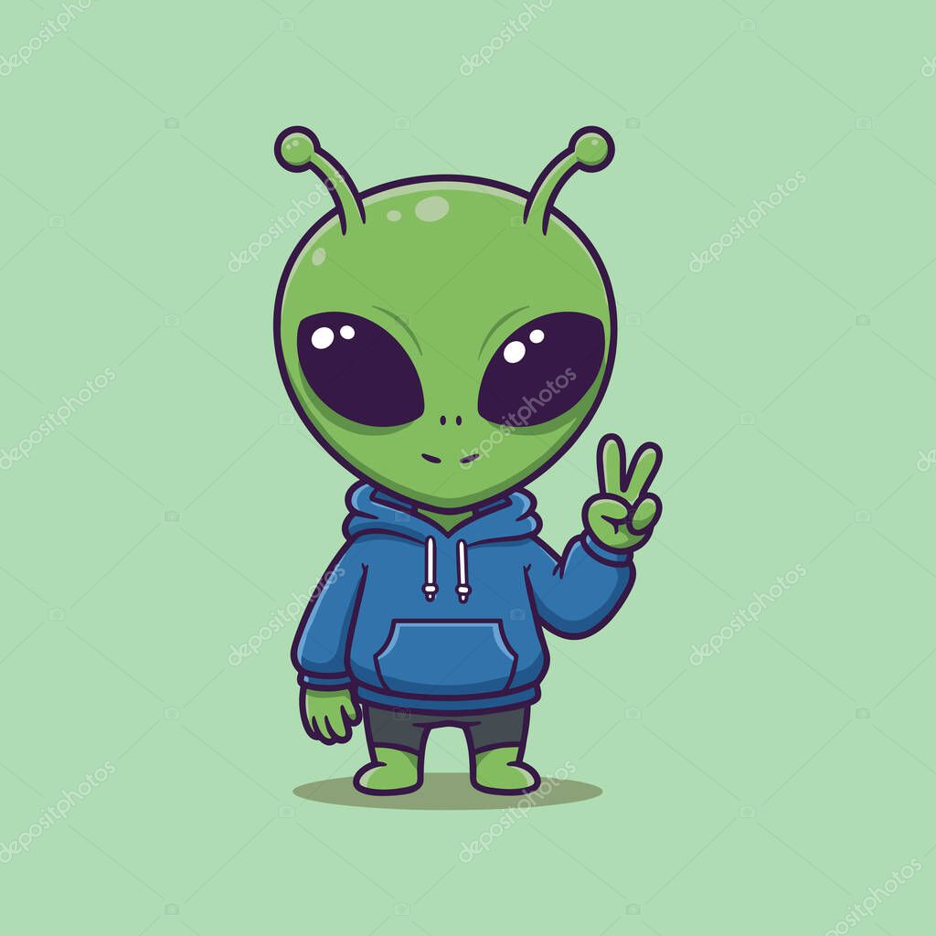 Cute Alien With Peace Hand Cartoon Vector Illustration