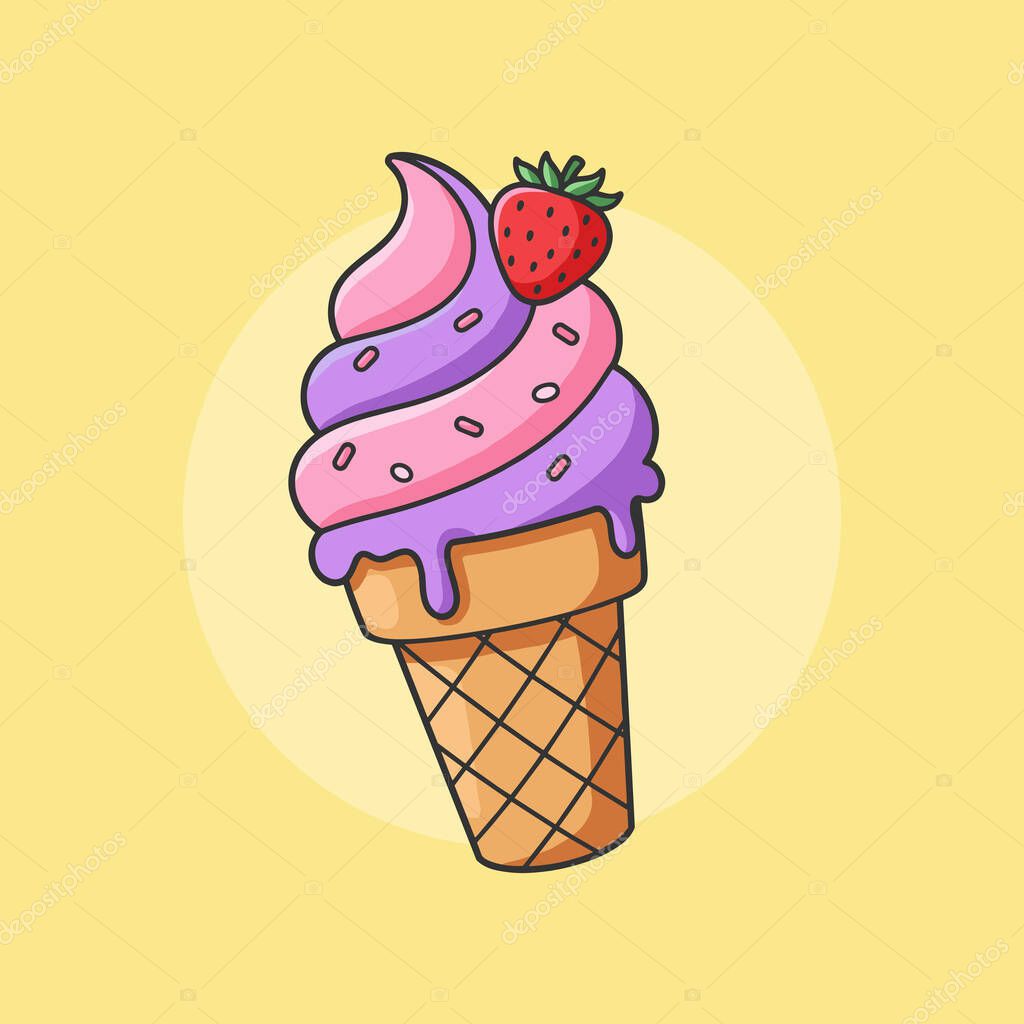Colorful ice cream cone with strawberry vector flat illustration. Pink and purple cream with black outline