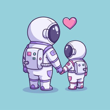 Sevimli Ebeveynler ve Çocuk Astronotlar El ele tutuşan Çizgi Filmler