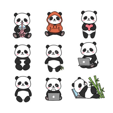 Cute Panda Character Engaged in Different Activity Vector Set