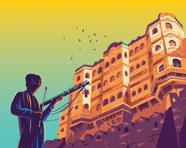 Projekt Wektorowy Artysty Manganiar Gra Kamaicha Muzyki Ludowej Rajasthan Indii — Wektor stockowy