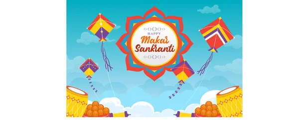 Mutlu Makar Sankranti Vektörü. Renkli uçurtma ve laddu.