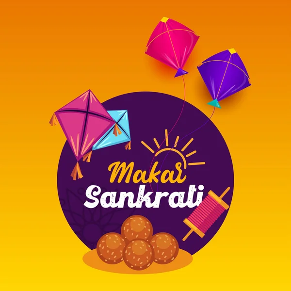 Düz Mutlu Makar Sankranti geçmişi. Hint tipografisi ile Mutlu Makar Sankranti Festivali illüstrasyonları.