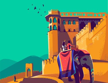 Turistler Amer Kalesi Jaipur Rajasthan 'da fil gezintisinin tadını çıkarıyorlar. Amer Kalesi (Kehribar Kalesi) Hindistan 'ın Amer şehrinde bulunan bir kaledir..