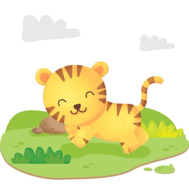 Çimlerin üzerinde büyük bulutlu şirin bir çizgi film kaplanı. vektör illüstrasyonu