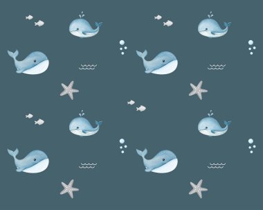 Deniz balinasının altında sevimli karikatür hayvanları olan hoş, pürüzsüz bir desen.