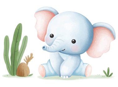 Ağaçta mavi çiçekli şirin bir fil oturuyor. Çizgi film tarzı. vektör illüstrasyonu