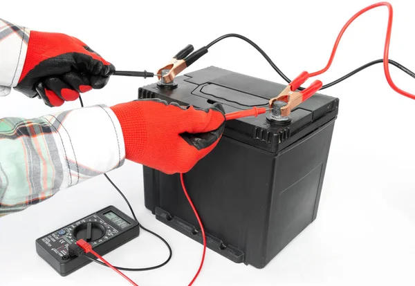 Master Multimeter Checks Voltage Car Battery Isolated White Background — Stock Photo, Image