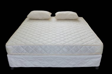 double bed frame with mattress cover and pillows, on isolated background	