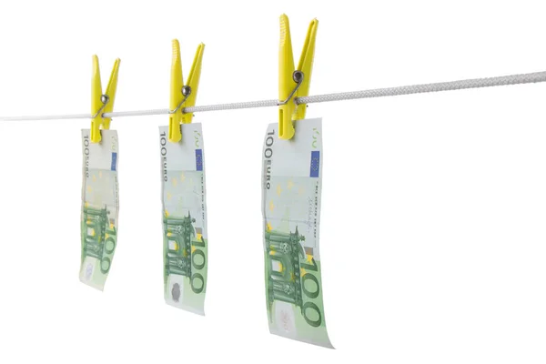 Евро Бумажные Деньги Высохнет Веревке Белом Изолированном Фоне — стоковое фото