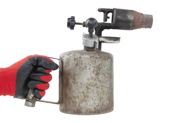 Blowtorch Worker Hand Old Rusty Isolated White Background — Stock Photo, Image