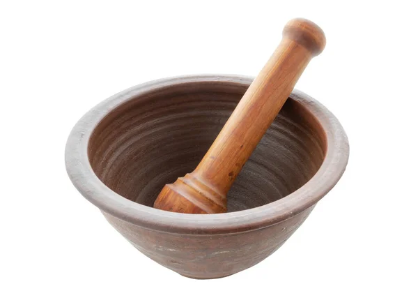 Clay Mortar Wooden Pestle Isolated Background — Stock Photo, Image