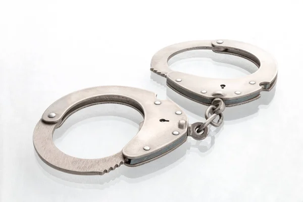 Pair Steel Handcuffs Close Silver Metal Handcuffs White — Stock Photo, Image