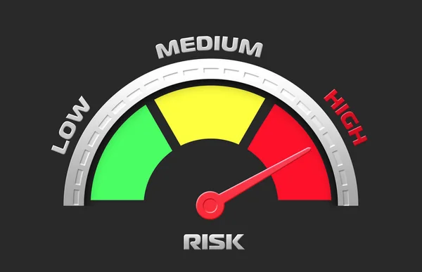 risk level indicator, (LOW, MEDIUM, HIGH,) icon, scale with an arrow from green to red. Tachometer, speedometer sign, infographic element on isolated background