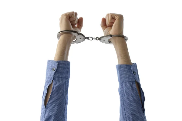 Raised Hands Handcuffs Freedom Concept Isolated White Background — Stock Photo, Image