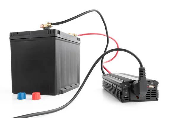 Power Inverter Connected Car Battery Backup Power 12V Converter 110V — Stock Photo, Image