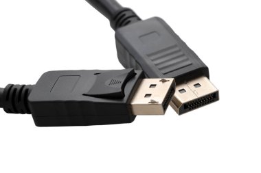 Bir bilgisayarı monitöre ve diğer multimedya tüketici elektroniğine bağlamak için konnektör Displayport, beyaz bir arkaplanda kapatılmış