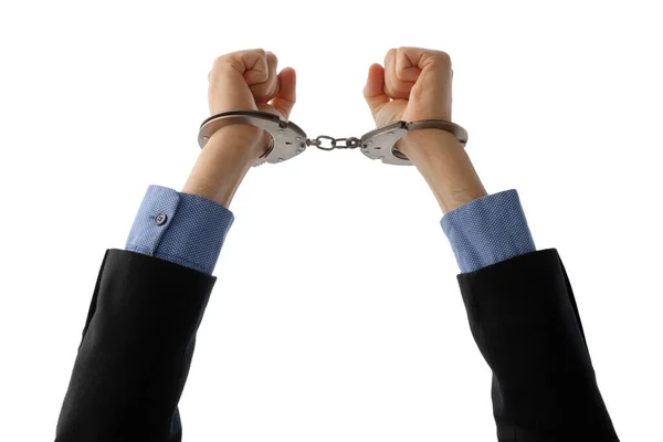 Raised Hands Handcuffs Freedom Concept Isolated White Background — Stock Photo, Image