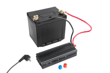 Power inverter connected to a car battery, 12v DC to AC converter 220v, on isolated white