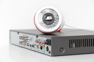 video surveillance cameras and video receiver on isolated white background. The concept of services for the installation of CCTV.
