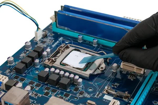 Engineer applies thermal paste to a processor installed in a socket on a printed circuit board. Computer equipment maintenance concept, cut out