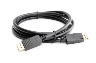 Bir bilgisayarı monitöre ve diğer multimedya tüketici elektroniğine bağlamak için beyaz arkaplana yakın plan görüntüleme kablosu