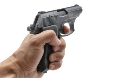 Elinde siyah bir tabanca, kapat, izole et, kes.